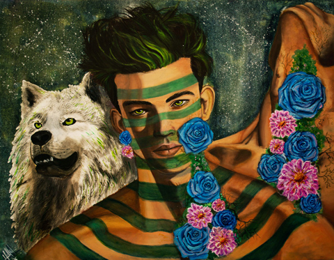 Retrato de Alejandro con flores y lobo 